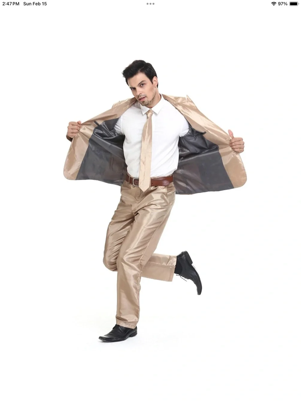 Mens Adult Suit Costume Magician Bachelor Party Jacket Tie Pants Gold Size XL